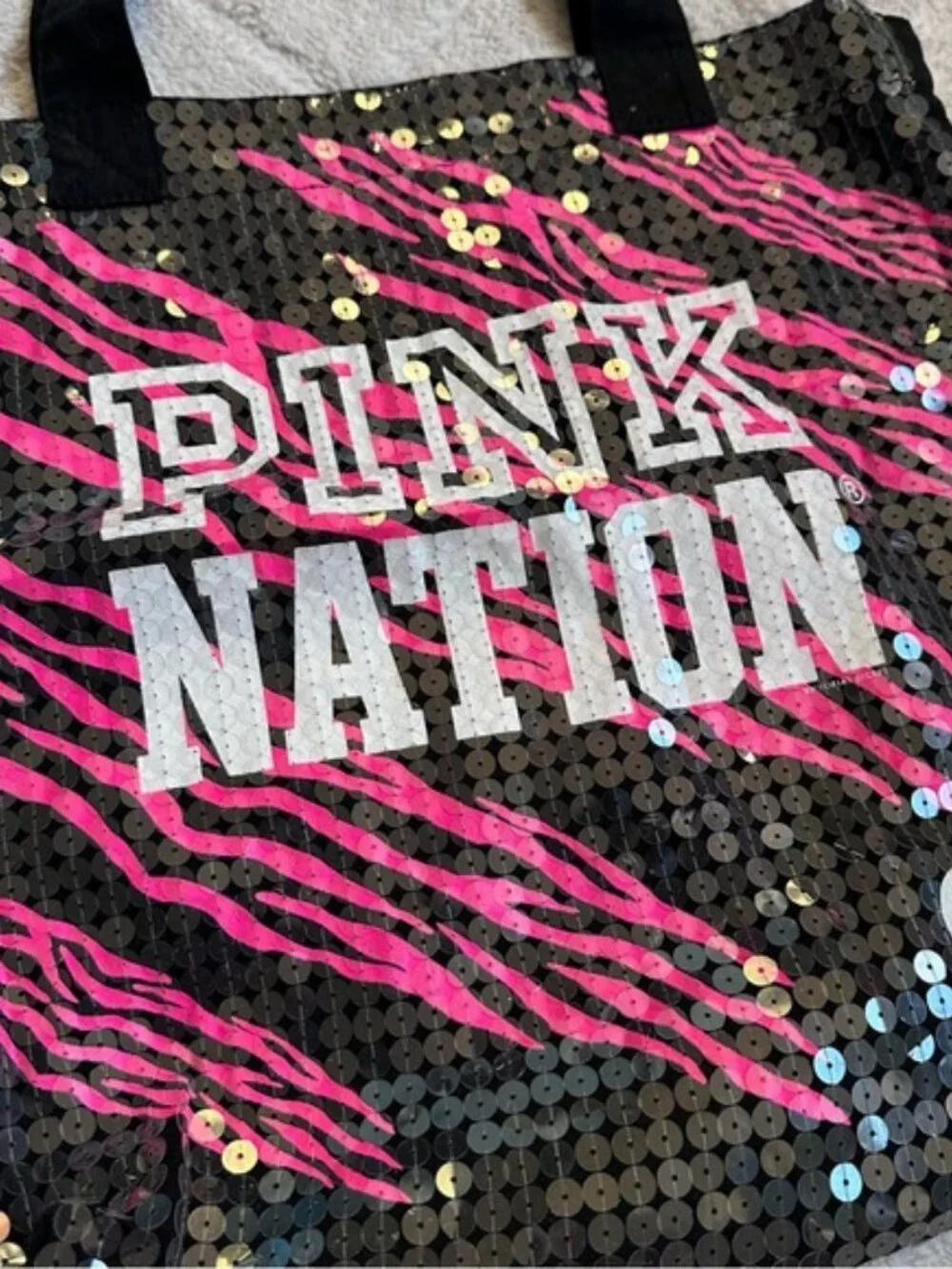 Victoria's Secret PINK | "PINK NATION" Black and Pink Zebra Sequin Tote Bag - Picture 4 of 10